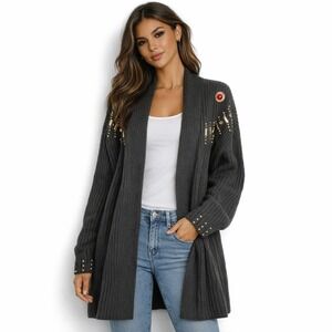 Sunflower USA Vintage Black Ribbed Studded Rhinestone Cardigan‎ Sweater One Size